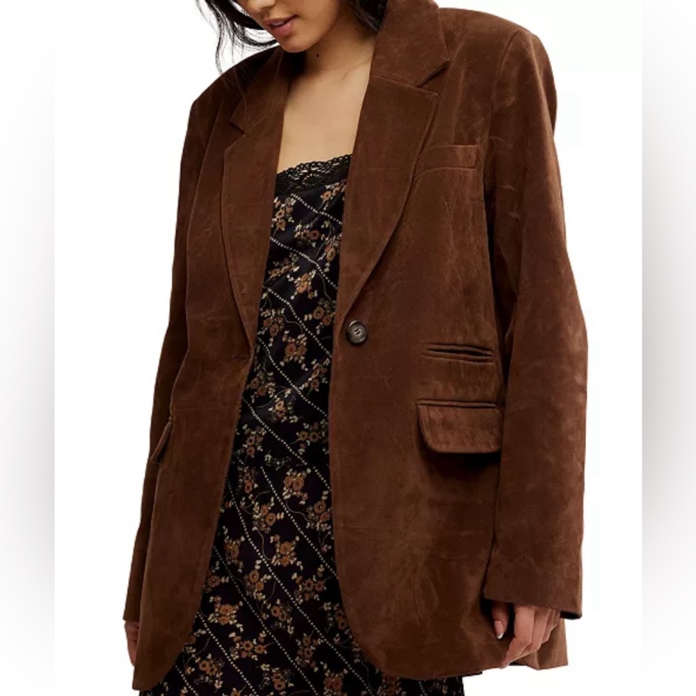 🍁 Free People Brown Suede Blazer Jacket we the free paper cut coat revolve